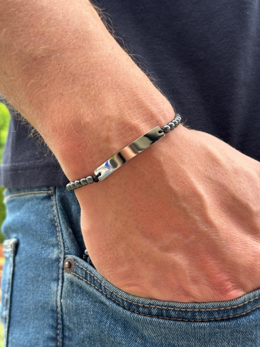 Brățară Bărbați cu Șnur, Hematit 4mm și Plăcuță Inox Argintie Personalizată Text [2]