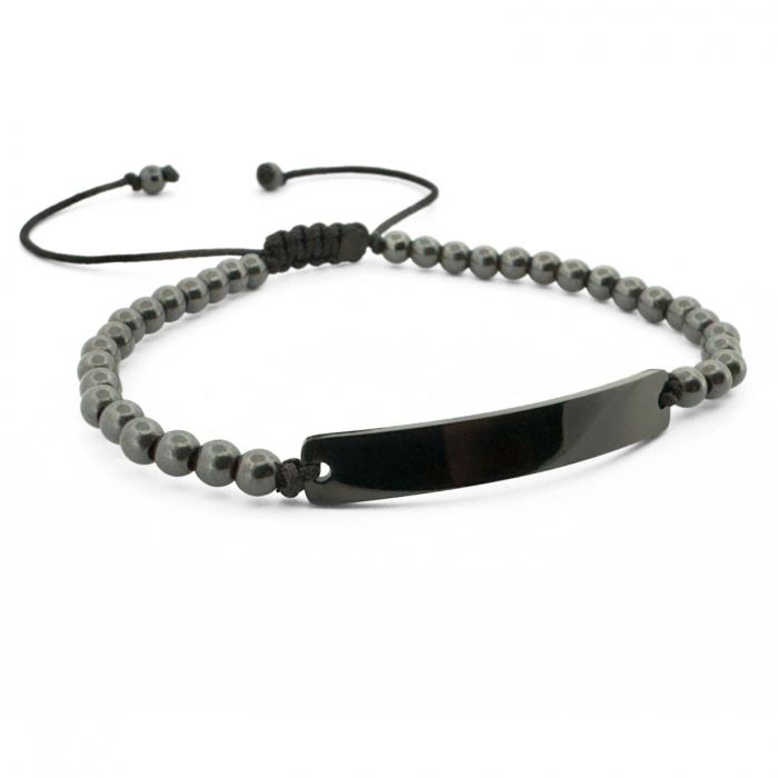 Brățară Bărbați cu Șnur, Hematit 4mm și Plăcuță Inox Neagră Personalizată Text [3]