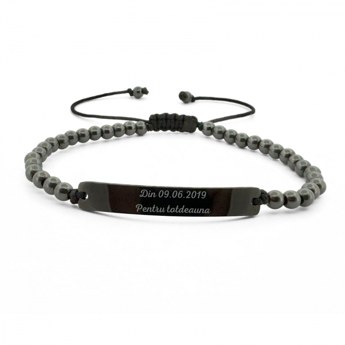 Brățară Bărbați cu Șnur, Hematit 4mm și Plăcuță Inox Neagră Personalizată Text [1]