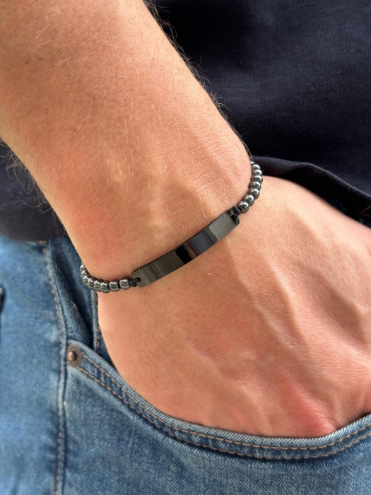 Brățară Bărbați cu Șnur, Hematit 4mm și Plăcuță Inox Neagră Personalizată Text [2]