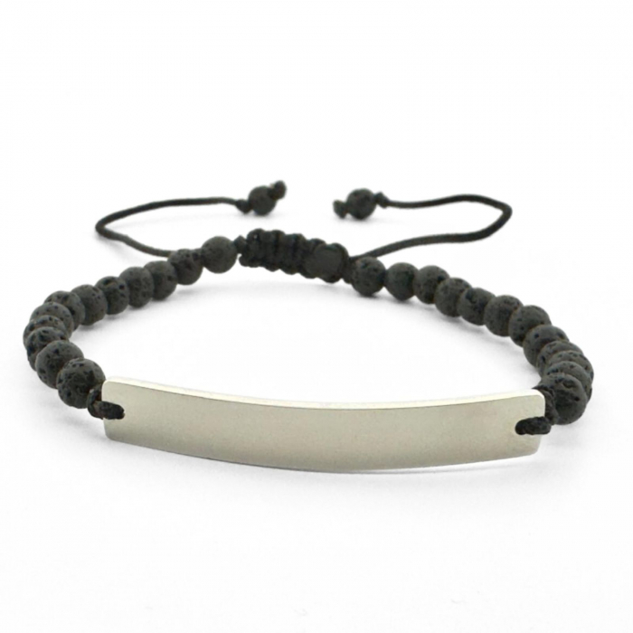 Brățară Bărbați cu Șnur, Lavă Vulcanică 4 mm și Plăcuță Argintie – Personalizată Text [1]