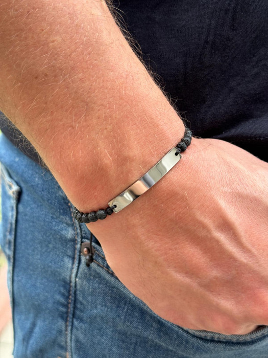 Brățară Bărbați cu Șnur, Onix 4mm și Plăcuță Argintie Personalizată Text [2]