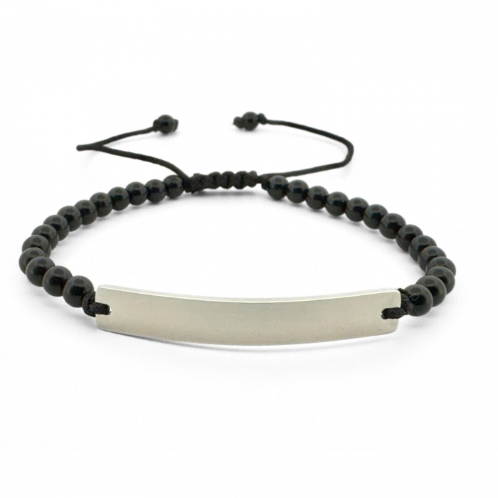 Brățară Bărbați cu Șnur, Onix 4mm și Plăcuță Argintie Personalizată Text [1]