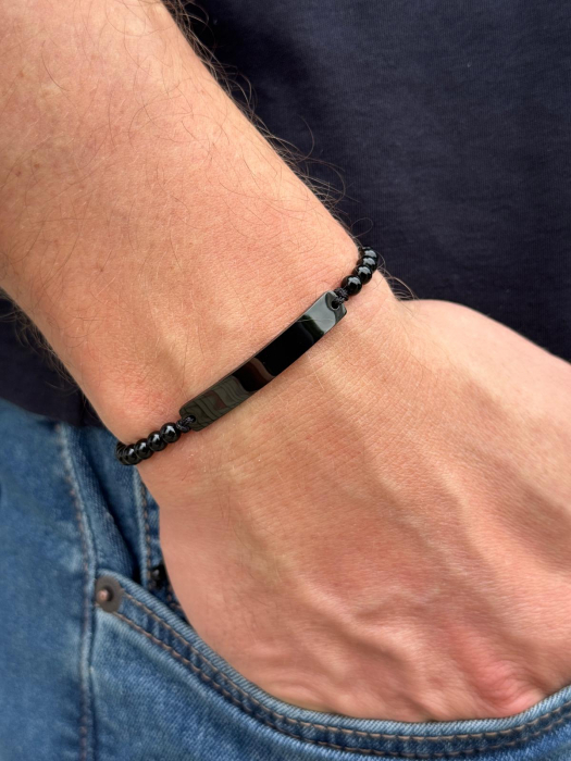 Brățară Bărbați cu Șnur, Onix 4mm și Plăcuță Neagră Personalizată Text [2]