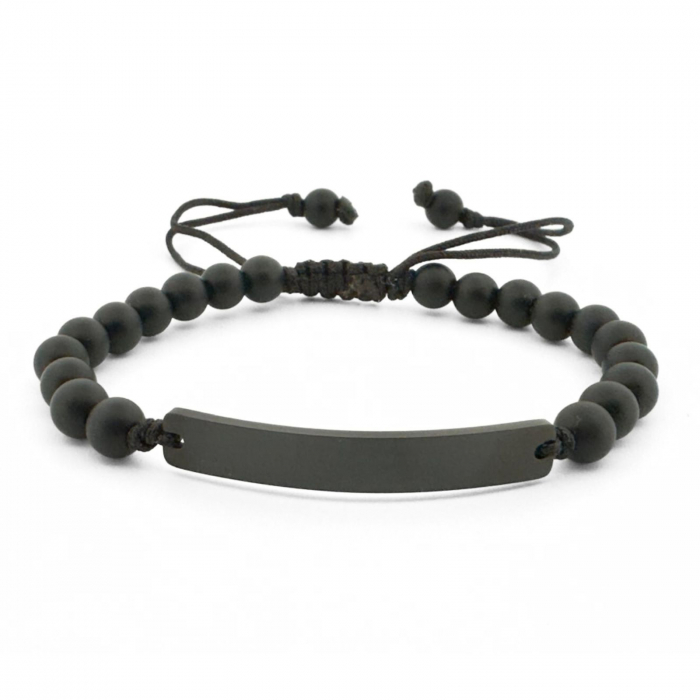 Brățară Bărbați cu Șnur, Onix Mat 6mm și Plăcuță Neagră Personalizată Text [1]