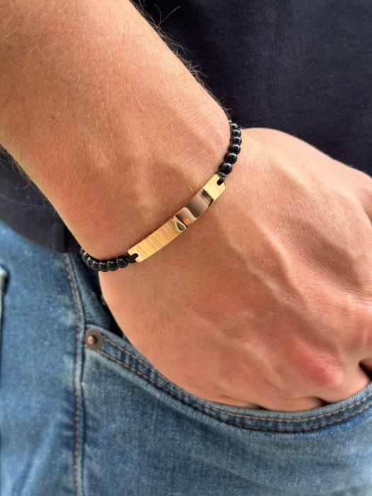 Brățară Bărbați cu Șnur, Onix 4mm și Plăcuță Roz-Aurie Personalizată Text [2]