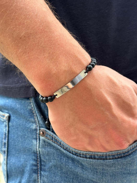 Brățară Bărbați cu Șnur, Onix Mat 6mm și Plăcuță Argintie Gravată Text [2]