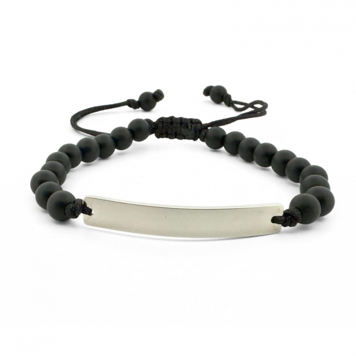 Brățară Bărbați cu Șnur, Onix Mat 6mm și Plăcuță Argintie Gravată Text [1]