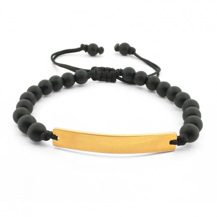 Brățară Bărbați cu Șnur, Onix Mat 6mm și Plăcuță Aurie Gravată Text [1]