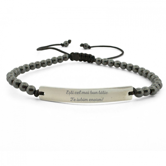 Brățară Bărbați cu Șnur, Hematit 4mm și Plăcuță Inox Argintie Personalizată Text [1]