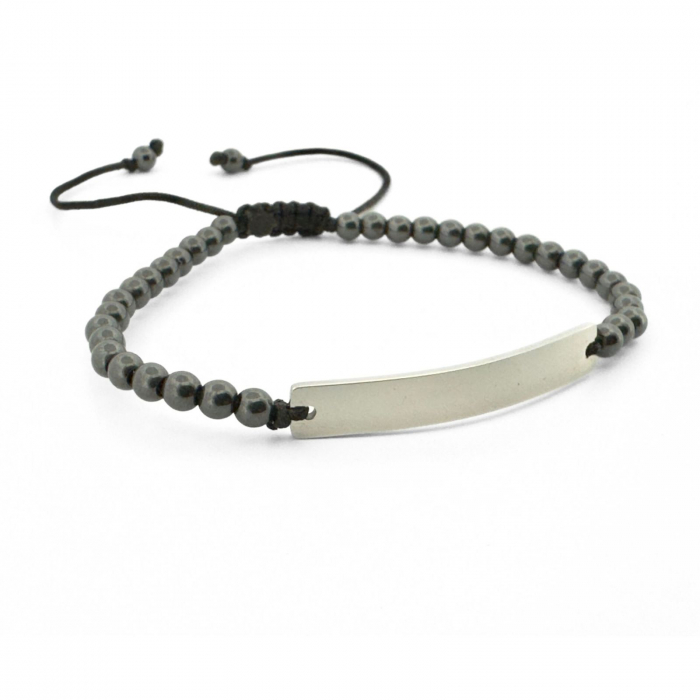 Brățară Bărbați cu Șnur, Hematit 4mm și Plăcuță Inox Argintie Personalizată Text [3]