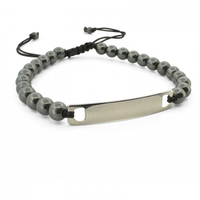 Brățară Bărbați cu Șnur, Pietre Hematit 6mm și Plăcuță Inox Personalizată Text [3]