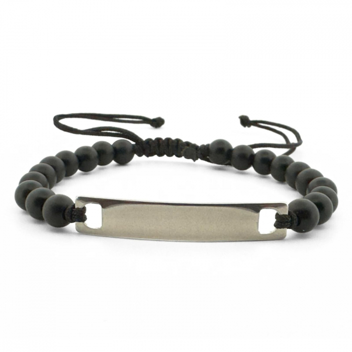Brățară Bărbați cu Șnur, Pietre Onix 6mm și Plăcuță Inox Personalizată Text [3]
