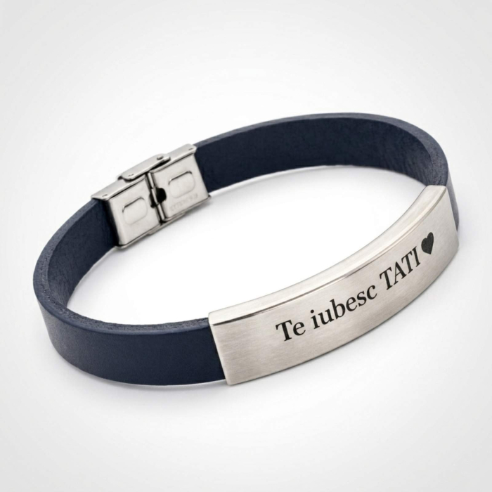 Brățară Bărbați Piele Bleumarin Personalizată – Plăcuță Inox, Gravură Mesaj, Cadou pentru El [4]