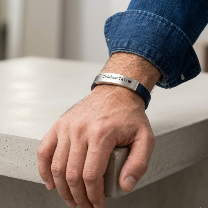 Brățară Bărbați Piele Bleumarin Personalizată – Plăcuță Inox, Gravură Mesaj, Cadou pentru El [2]