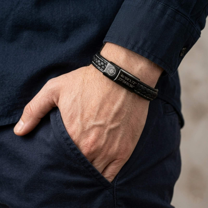 Brățară Bărbați Piele Neagră Împletită Personalizată – Închidere Magnetică Inox, Gravură Mesaj [2]