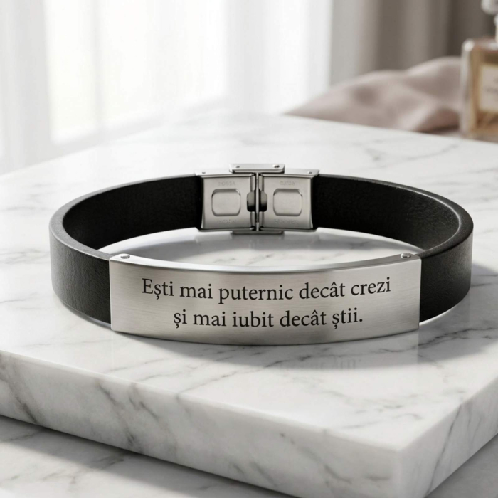 Brățară Bărbați Piele Neagră Personalizată – Plăcuță Inox, Gravură Mesaj, Cadou pentru El [3]