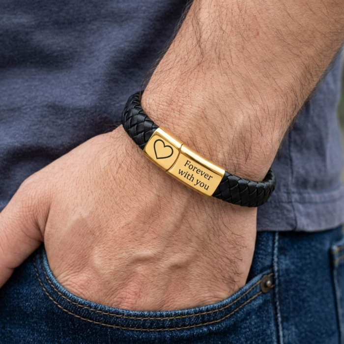 Brățară Bărbați Piele Neagră Împletită Personalizată – Închidere Magnetică Inox Auriu Placat 18K [2]