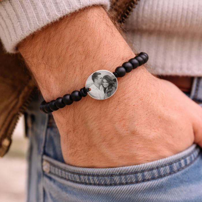 Brățară Personalizată cu Poză și Text – Bănuț Inox 20 mm, Pietre Onix 6 mm, Șnur Reglabil, Unisex [2]