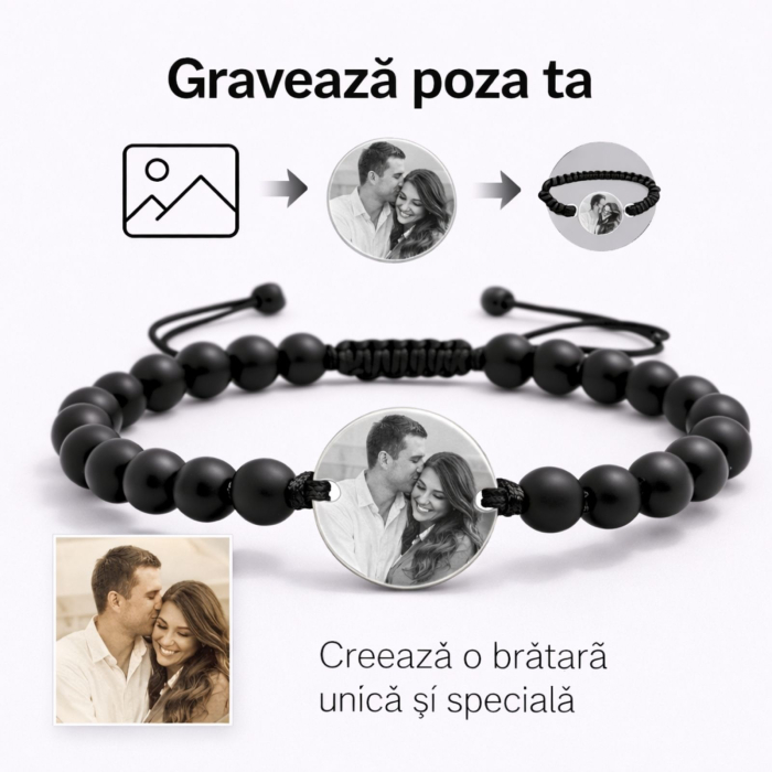 Brățară Personalizată cu Poză și Text – Bănuț Inox 20 mm, Pietre Onix 6 mm, Șnur Reglabil, Unisex [6]