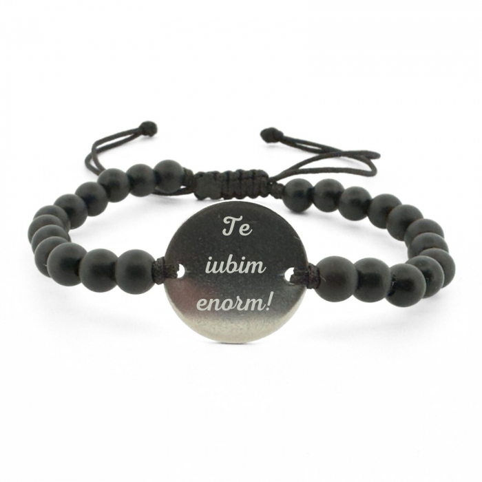 Brățară cu Bănuț Personalizat Foto și Text din Inox, Pietre Onix, Șnur Reglabil [2]