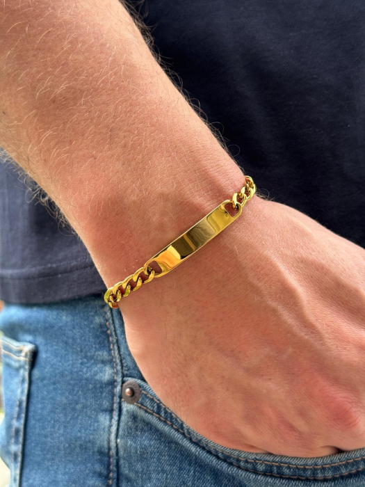 Brățară Inox Bărbați cu Plăcuță Personalizată Text – Lanț Cuban 5 mm, Auriu [2]