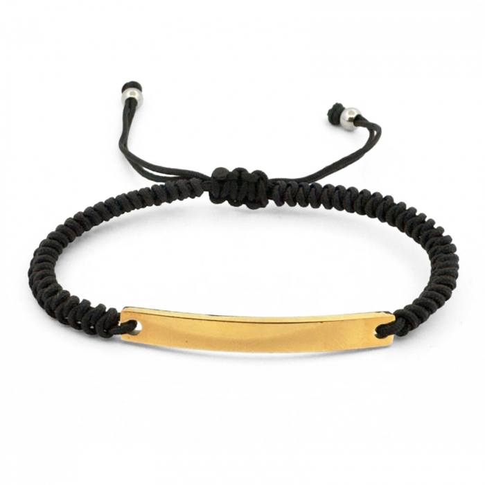 Brățară Inox Bărbați cu Șnur și Plăcuță Aurie Personalizată Text [1]