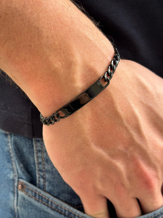 Brățară Inox Bărbați cu Plăcuță Personalizată Text – Lanț Cuban 5 mm, Culoare Neagră [2]