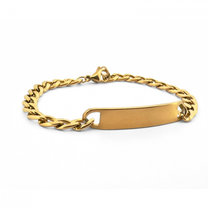 Brățară Inox Bărbați cu Plăcuță Personalizată Text – Lanț Cuban 5 mm, Auriu [3]