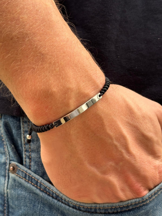 Brățară Inox Bărbați cu Șnur și Plăcuță Argintie Personalizată Text [3]