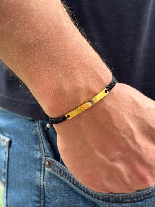 Brățară Inox Bărbați cu Șnur și Plăcuță Aurie Personalizată Text [2]