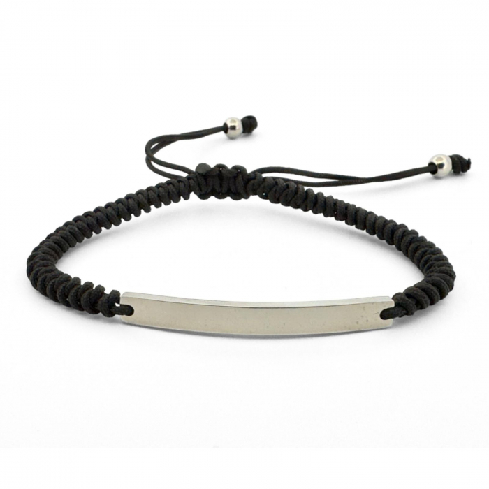 Brățară Inox Bărbați cu Șnur și Plăcuță Argintie Personalizată Text [4]