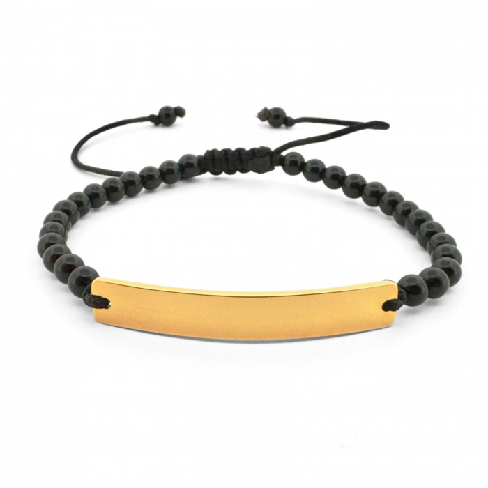 Brățară Bărbați cu Șnur, Onix 4mm și Plăcuță Aurie Personalizată Text [1]