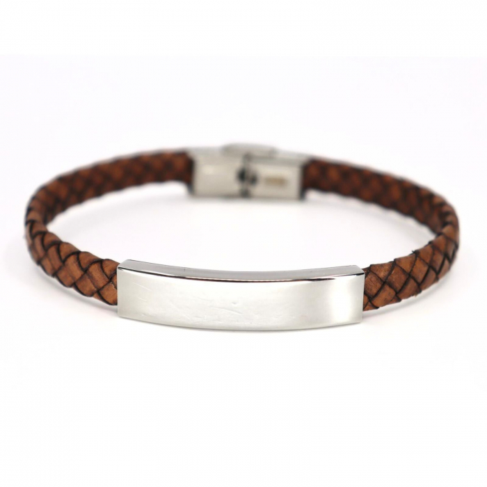 Brățară Piele Maro Bărbați cu Plăcuță Personalizată Inox [1]
