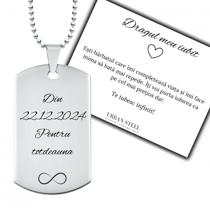 Cadou pentru Iubit - Lanț Personalizat Text, Plăcuță Army, Inox [1]