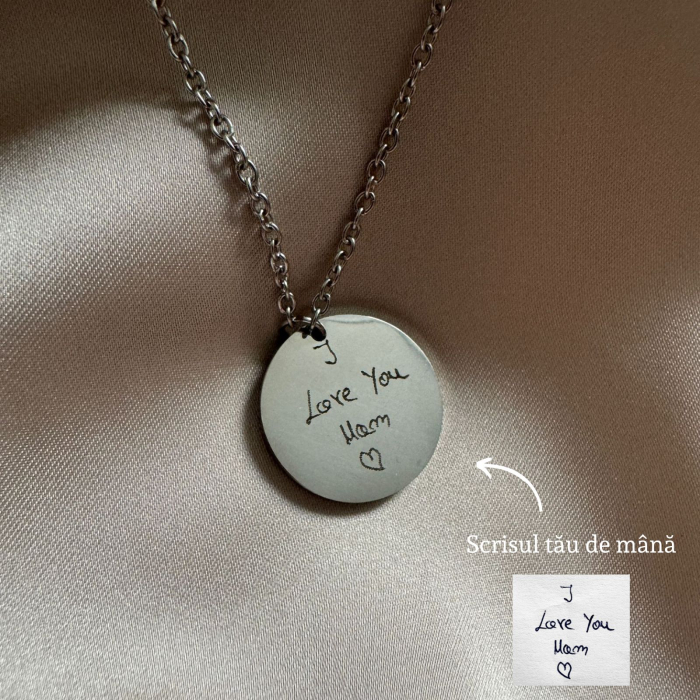 Colier Damă Personalizat cu Scrisul Tău de Mână - Bănuț 20mm, Lanț 45cm, Inox Premium [1]