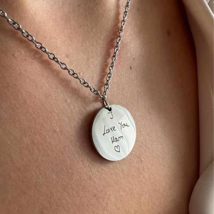 Colier Damă Personalizat cu Scrisul Tău de Mână - Bănuț 20mm, Lanț 45cm, Inox Premium [2]