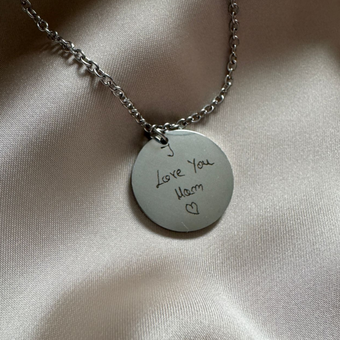 Colier Damă Personalizat cu Scrisul Tău de Mână - Bănuț 20mm, Lanț 45cm, Inox Premium [5]