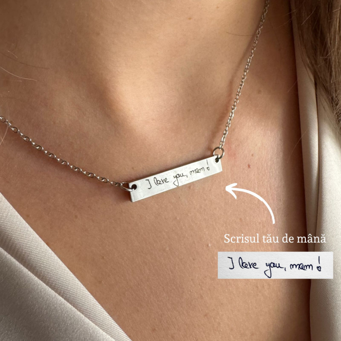 Colier Damă Personalizat cu Scrisul Tău de Mână - Plăcuță 35x6 mm, Lanț 45cm, Inox Premium [1]