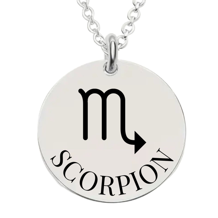 Colier Damă Personalizat cu Zodia Scorpion și Text – Bănuț 20 mm, Lanț 45 cm, Inox Premium [1]