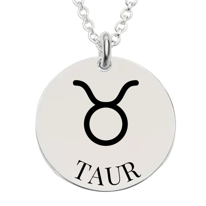 Colier Damă Personalizat cu Zodia Taur și Text – Bănuț 20 mm, Lanț 45 cm, Inox Premium [1]