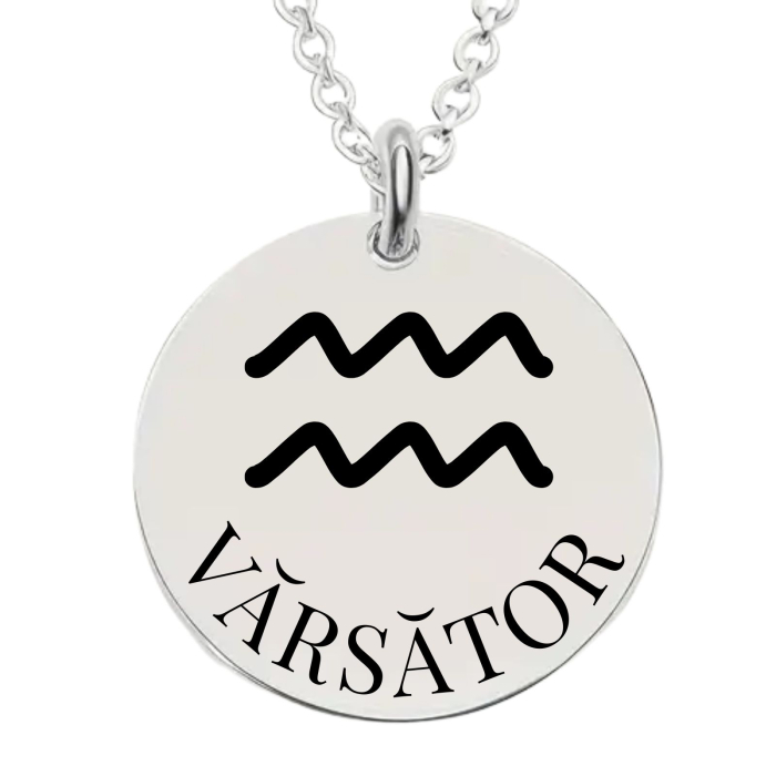 Colier Damă Personalizat cu Zodia Vărsător și Text – Bănuț 20 mm, Lanț 45 cm, Inox Premium [1]