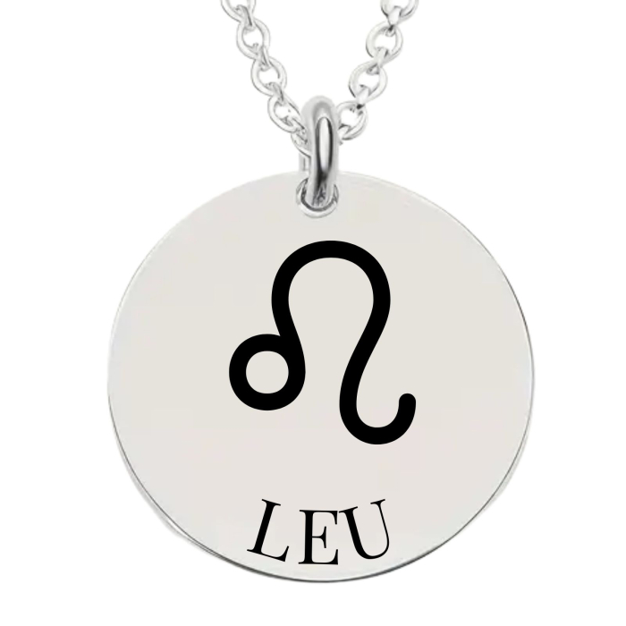 Colier Damă Personalizat cu Zodia Leu și Text – Bănuț 20 mm, Lanț 45 cm, Inox Premium [1]
