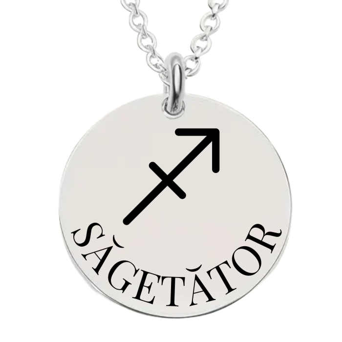 Colier Damă Personalizat cu Zodia Săgetător și Text – Bănuț 20 mm, Lanț 45 cm, Inox Premium [1]