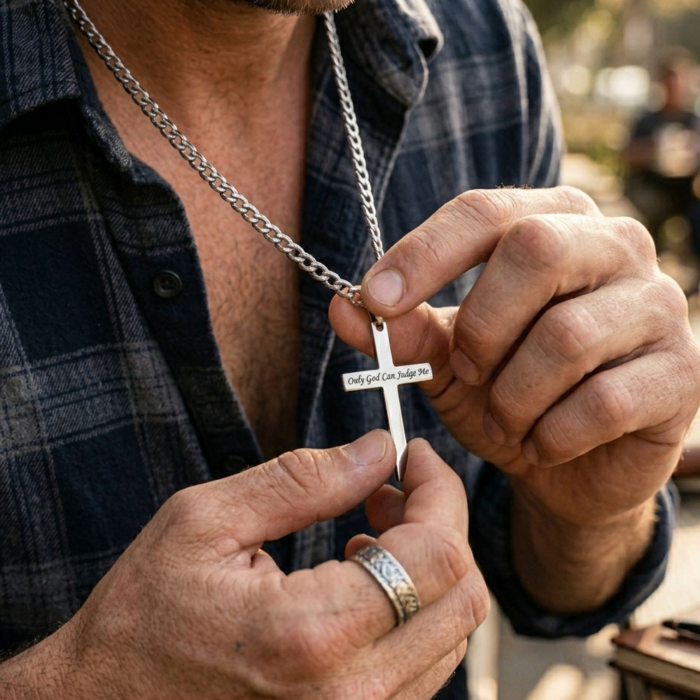 Lanț cu Cruce Bărbați Personalizată Text – Oțel Inoxidabil, Lanț Figaro 60 cm [2]