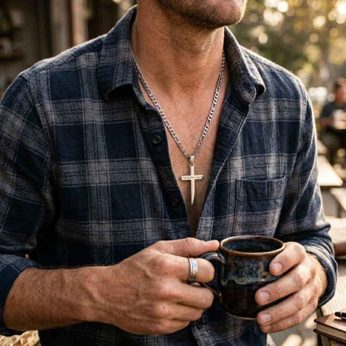 Lanț cu Cruce Bărbați Personalizată Text – Oțel Inoxidabil, Lanț Figaro 60 cm [3]