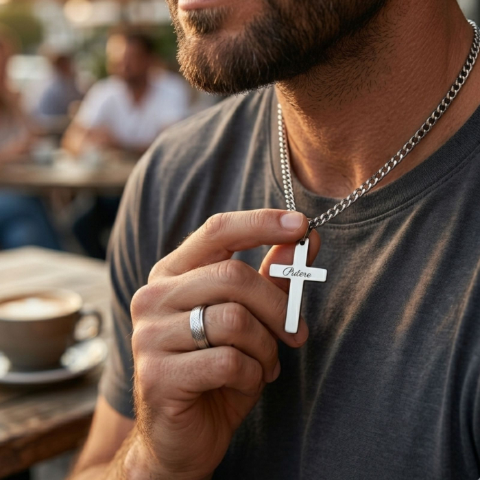 Lanț Inox Bărbați cu Cruce Personalizată Text – Gravură Față/Verso, Lanț Cuban 3mm [2]