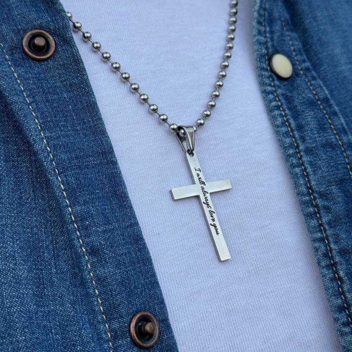 Lanț Inox Bărbați cu Cruce Personalizat Text, Lanț cu Bile [3]