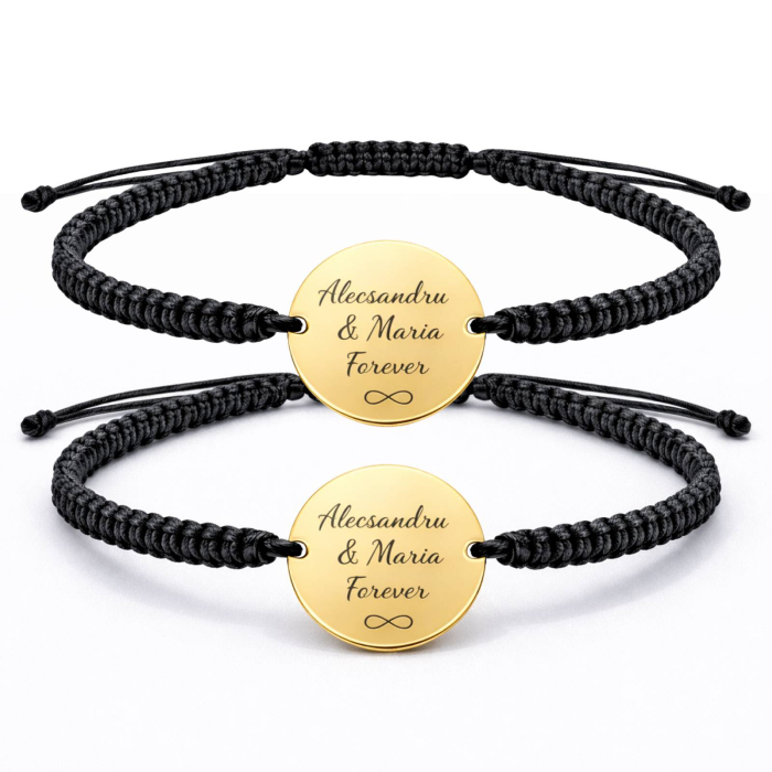 Set Brățări Cuplu Personalizate cu Poză și Text din Oțel Inoxidabil Auriu, Șnur Reglabil [3]