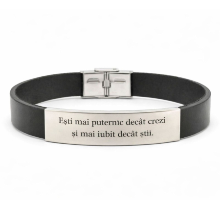 Brățară Bărbați cu Plăcuță Personalizată Inox, Piele Naturală Neagră 10mm [0]